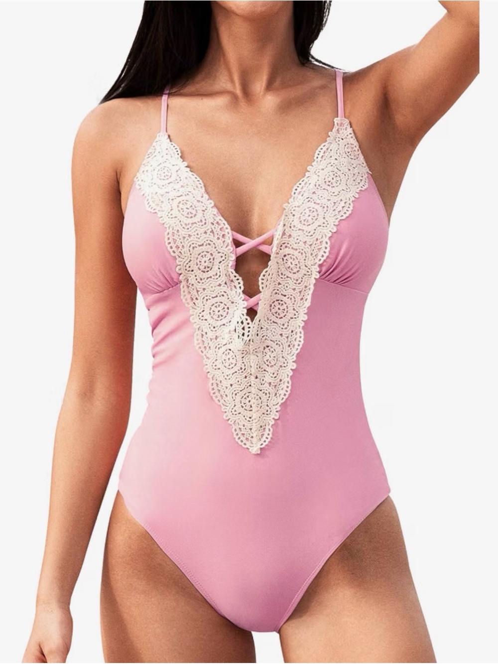 Cupshe Pink One-Piece Swimsuit with Cream Lace Plunge